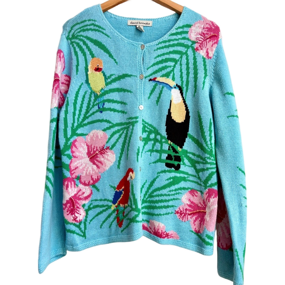 Vintage 90s David Brooks COLORFUL PARROT & Hibiscus Novelty Cardigan Sweater L